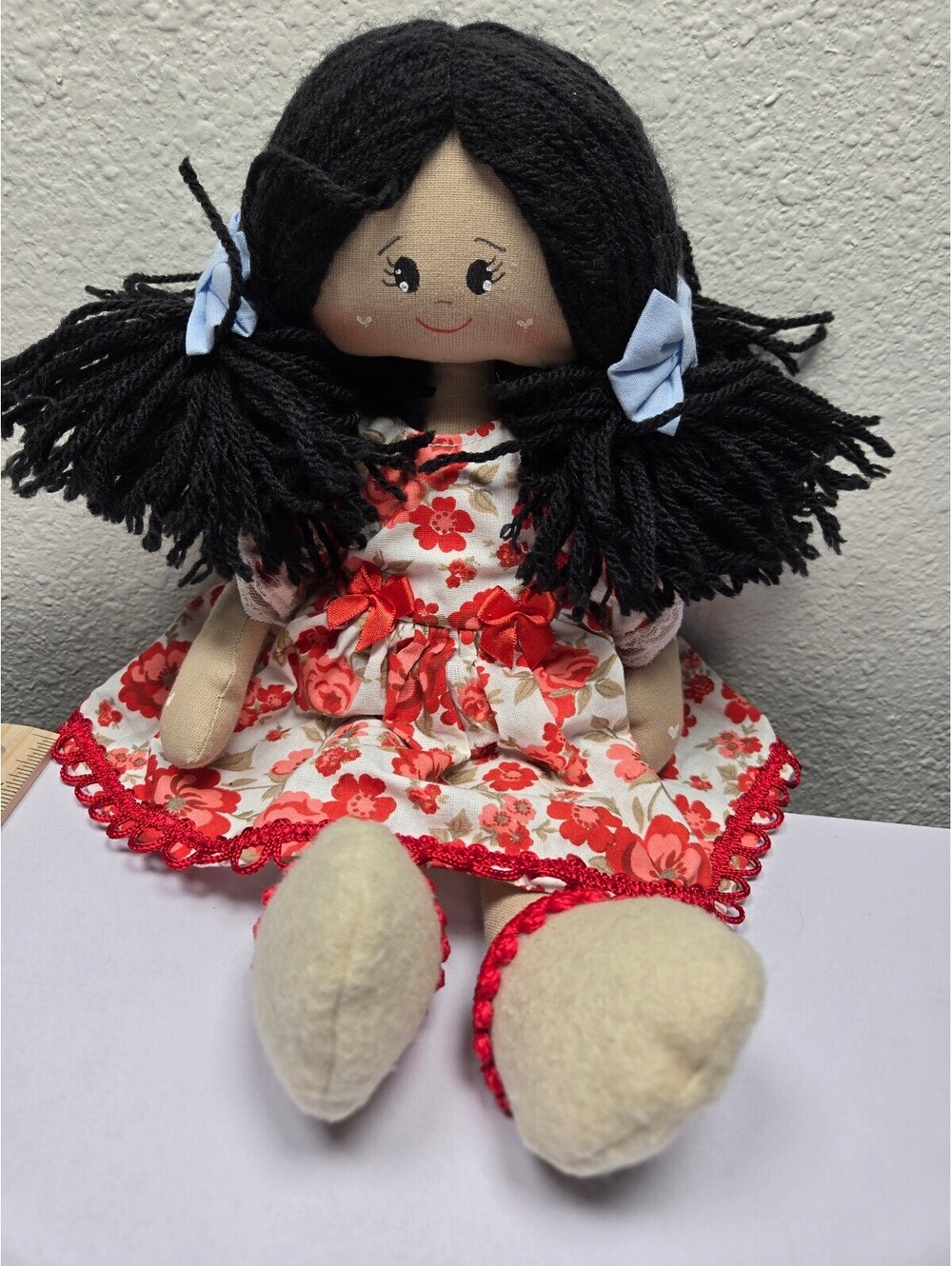 "Handmade Rag Doll Black Yarn Hair Red Floral Dress Cloth Fabric Doll 15in